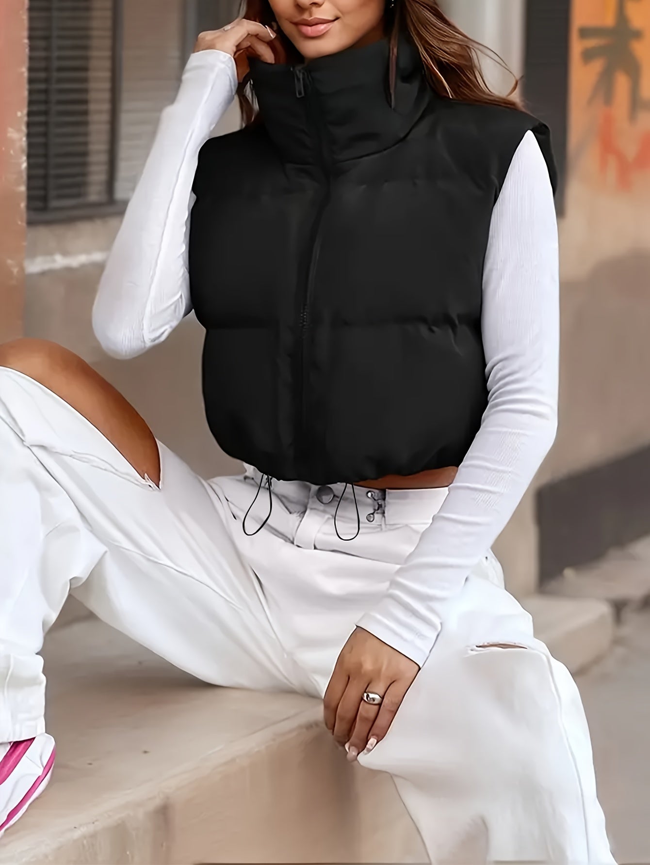 Women's Padded Vest with High Neck Drawstring Solid Polyester for Fall Winter