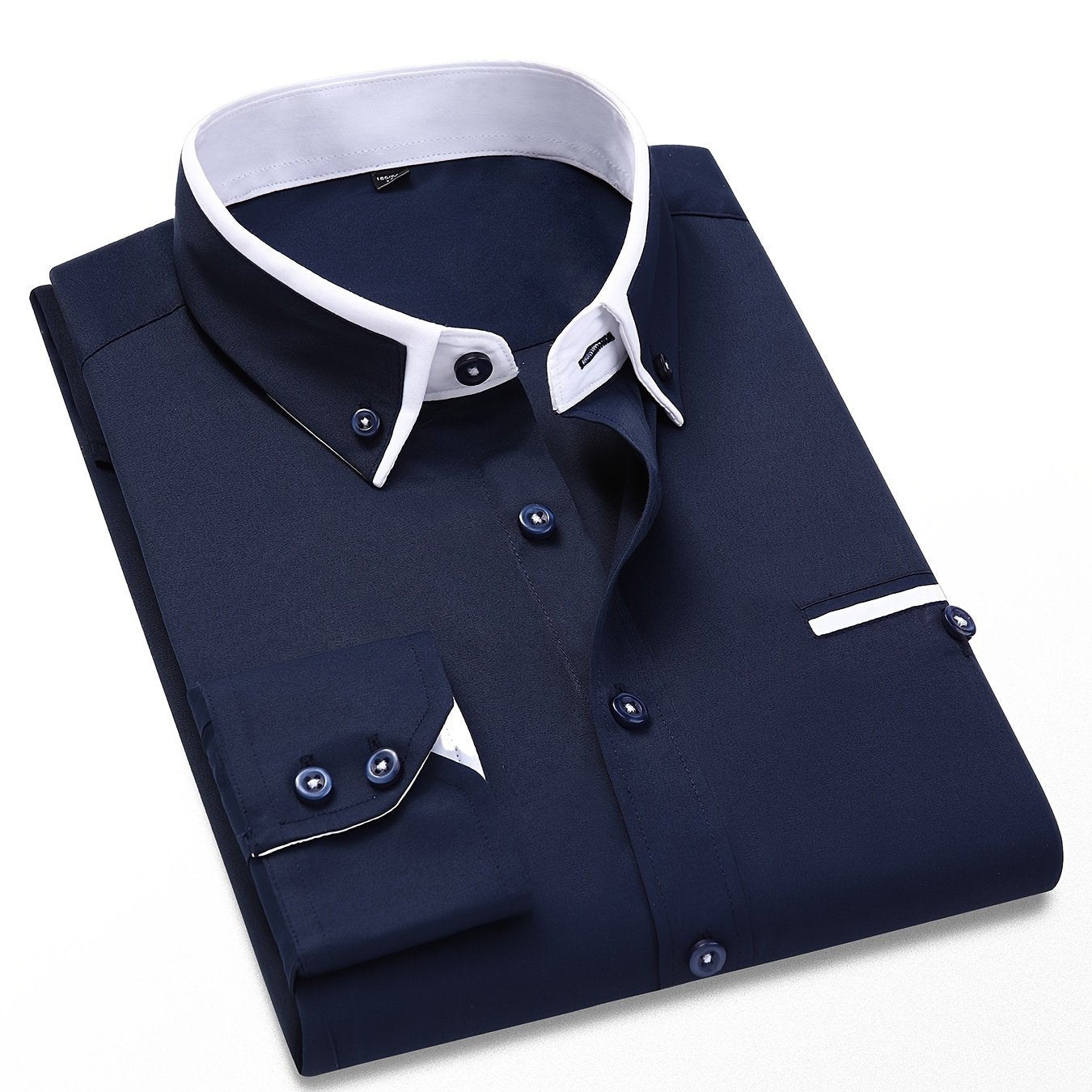 Men's Long Sleeve Dress Shirt with Contrast Lapel Collar Color Block for Formal Wear