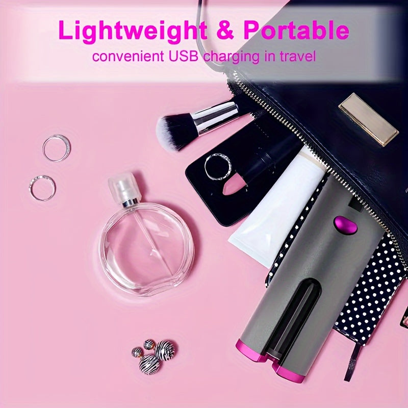 Rizador automático con 5 ajustes de calor, recubrimiento de cerámica, tecnología antiquemaduras, sin enredos, batería de litio recargable por USB