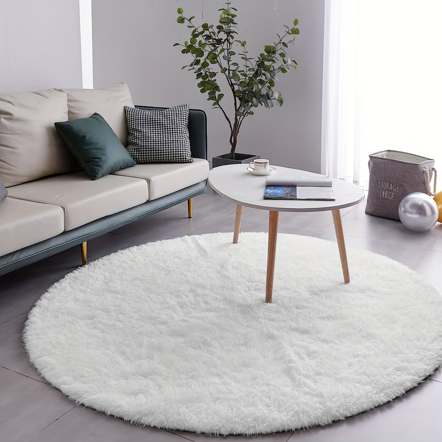 Pure White Silk Circular Rug, Soft Non-Slip Polyester Mat for Living Room Bedroom Yoga