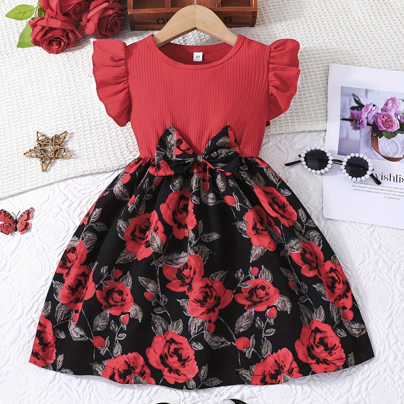 Girls Rose Print Dress with Ruffle Sleeves and Bow Waist for Casual and Outdoor Wear
