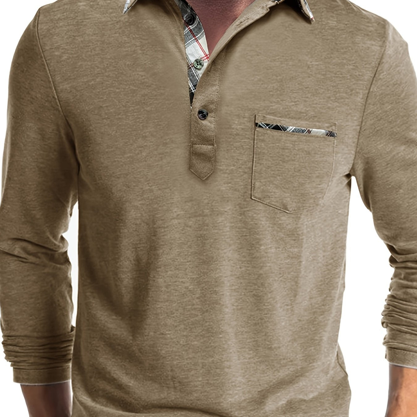 Men's Plus Size Long Sleeve Shirt with Chest Pocket in Beige Light Brown Plaid Casual Knit Fabric for Spring Fall