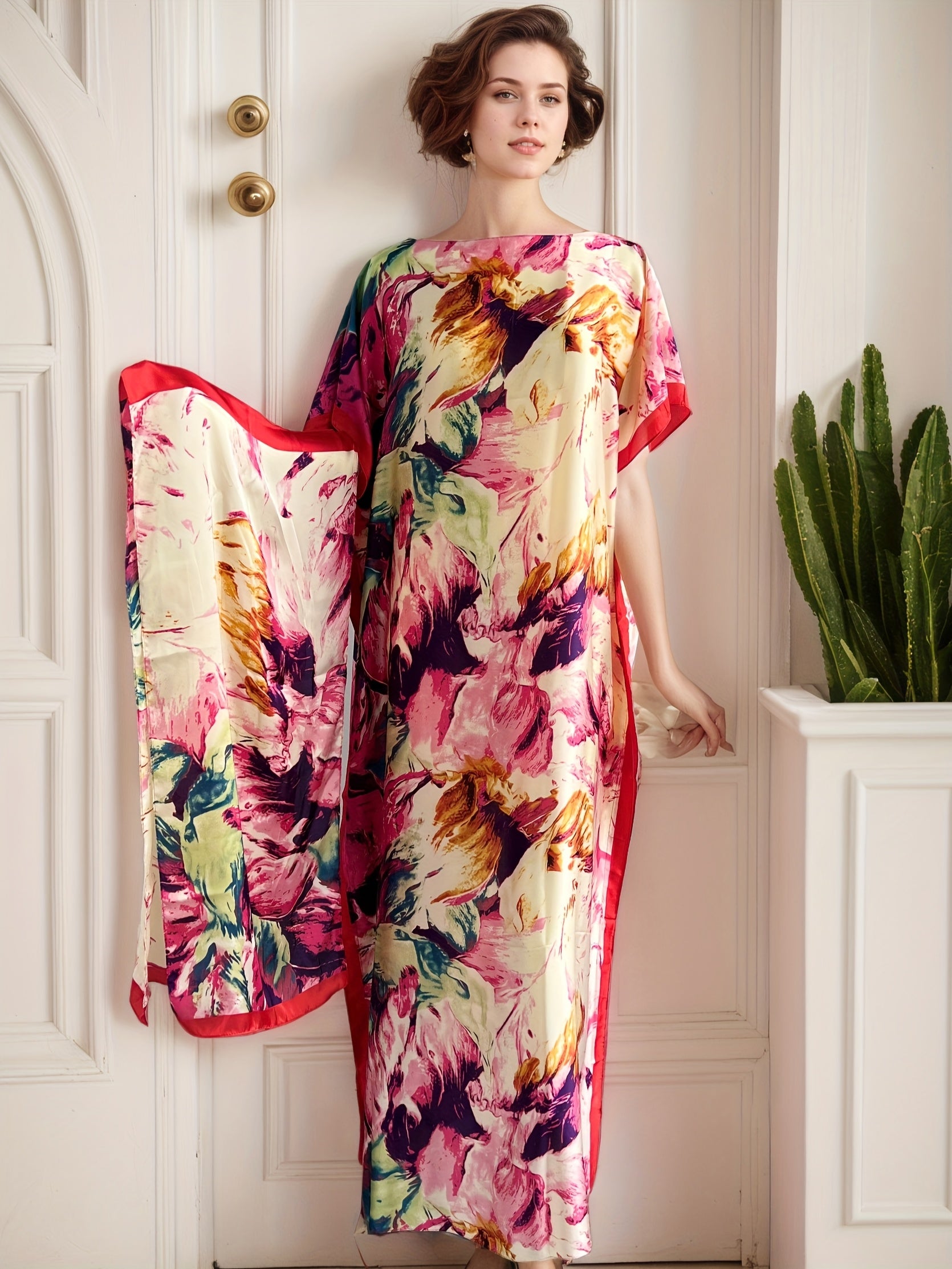 Plus Size Floral Print Maxi Dress with Scarf for Women Pink White Batwing
