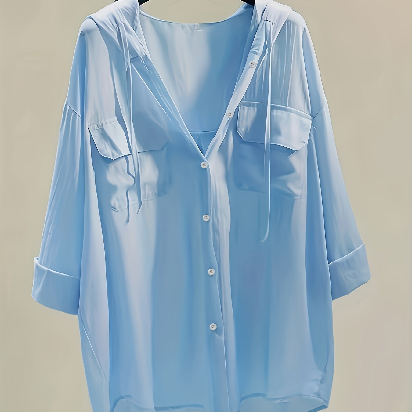 Women's Hooded Blouse with Button Front and Pockets, Solid Polyester Casual Top