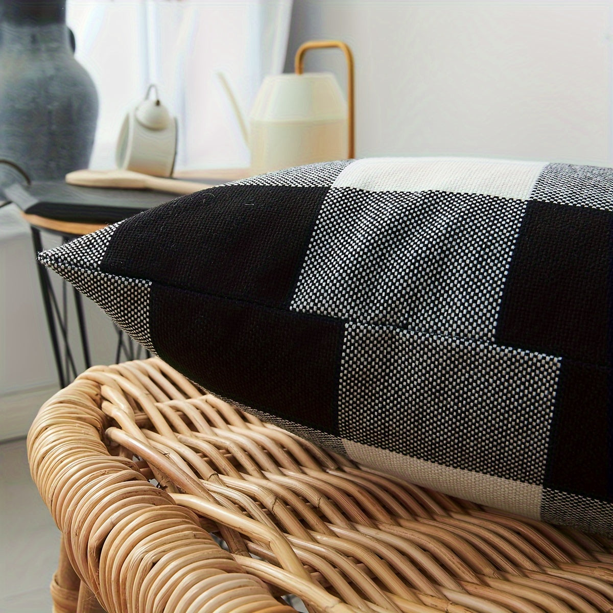 Funda de cojín de lino y algodón bohemio con cuadros tejidos y rayas 50x30cm, cojín lumbar