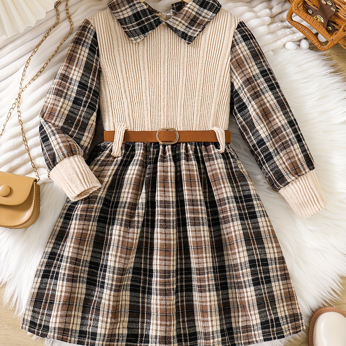 Girls' Long Sleeve Plaid Knit Dress with Belt for Spring and Fall