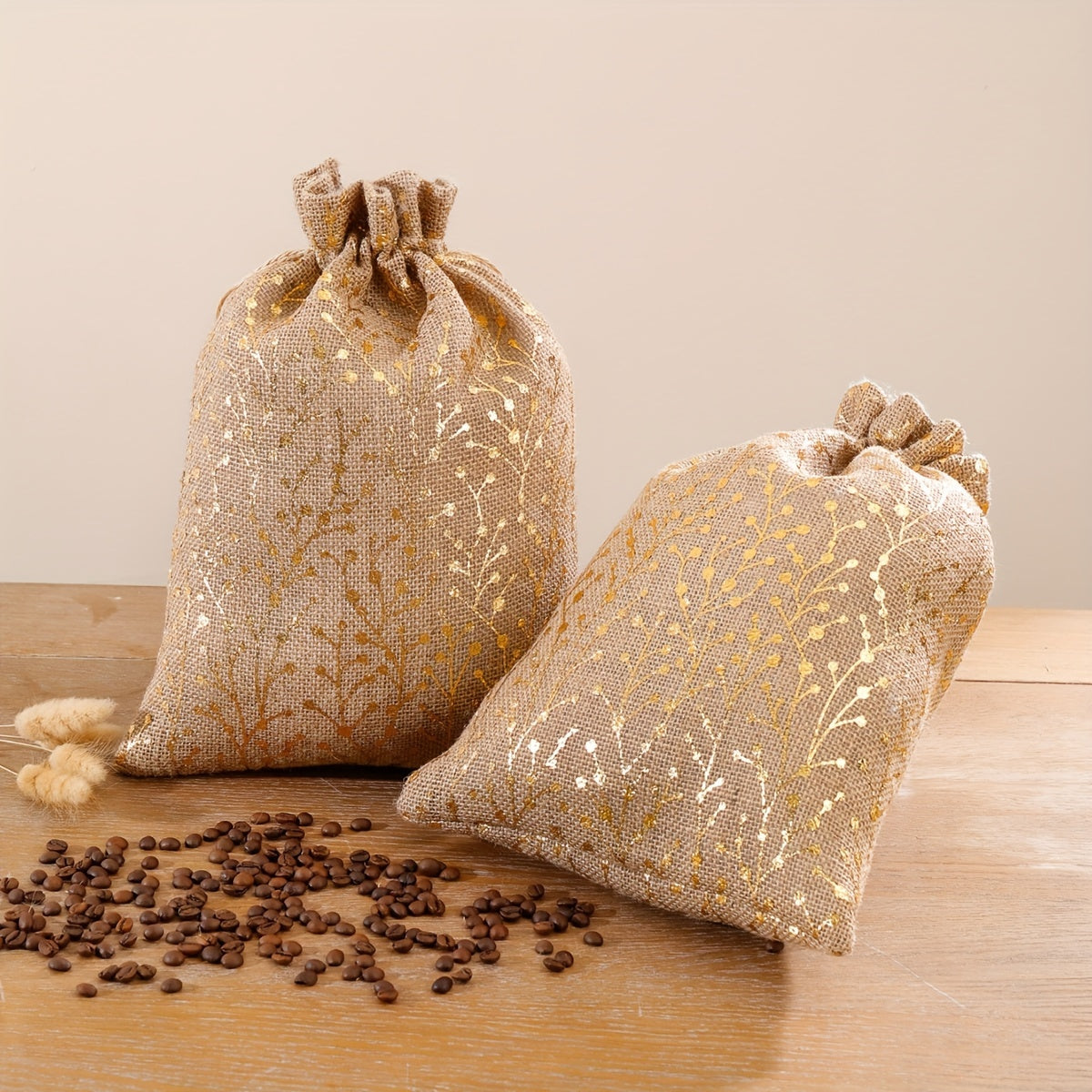 Juego de 2 bolsas de lino para granos de café, a prueba de humedad, con detalles en dorado