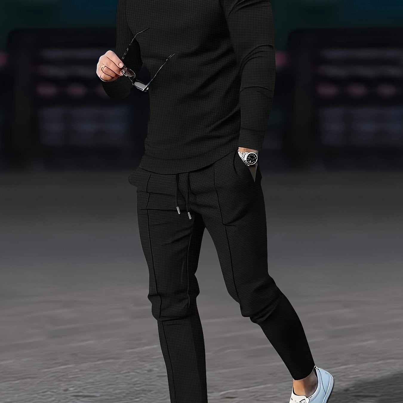 Men's Waffle Pattern Casual Outfits Set Long Sleeve Sweatshirt and Joggers Spring Fall