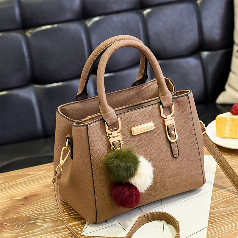 Black PU Handbag with Gold Hardware and Ball Charm for Women Crossbody Shoulder Bag for Travel Casual Use