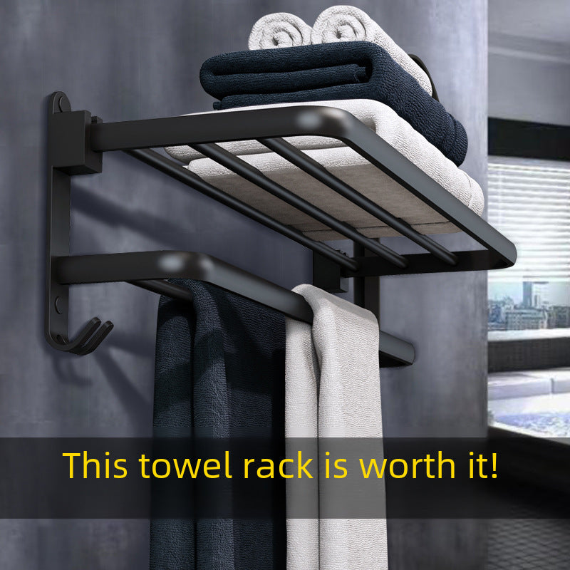 Space Aluminum Double-Layer Bathroom Towel Rack Punch-Free Black Wall Mount