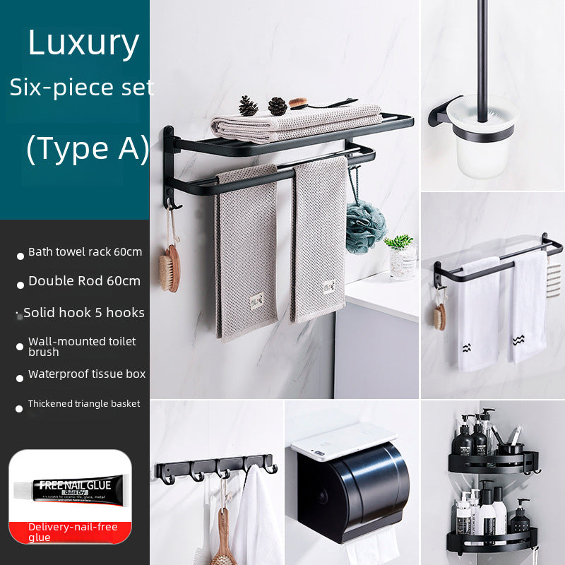Space Aluminum Double-Layer Bathroom Towel Rack Punch-Free Black Wall Mount