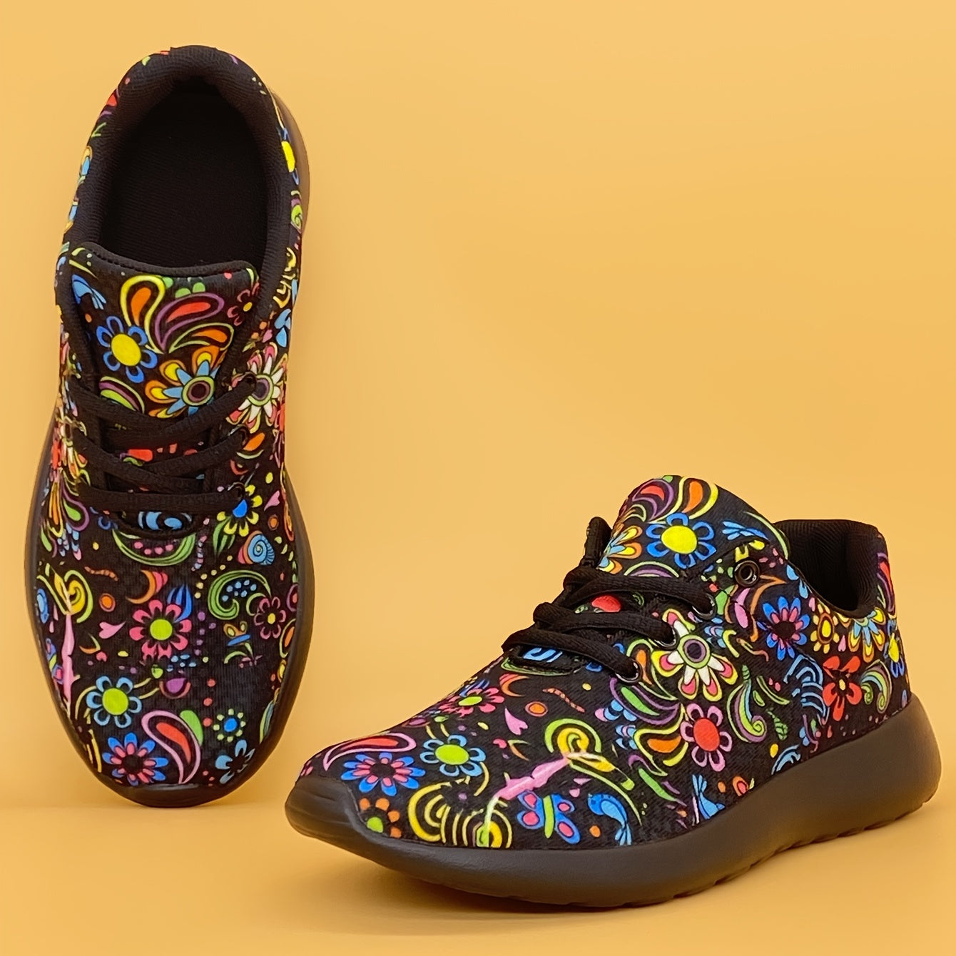 Women's Lightweight Sneakers with Mexican Flower Pattern Lace-Up Running Shoes