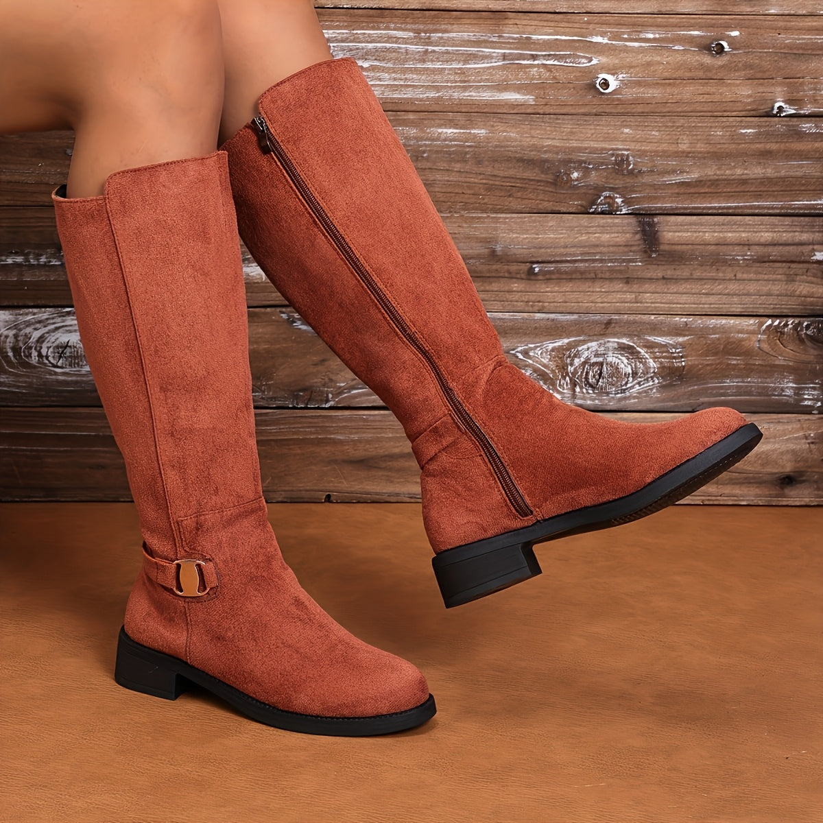 Women's Faux Leather Mid-Calf Boots with Gold Buckle Side Zipper