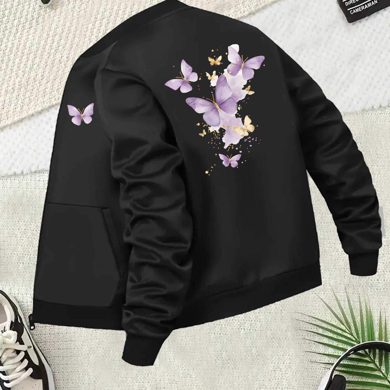 Plus Size Women's Casual Butterfly Print Baseball Collar Jacket Long Sleeve Spring Fall Outerwear