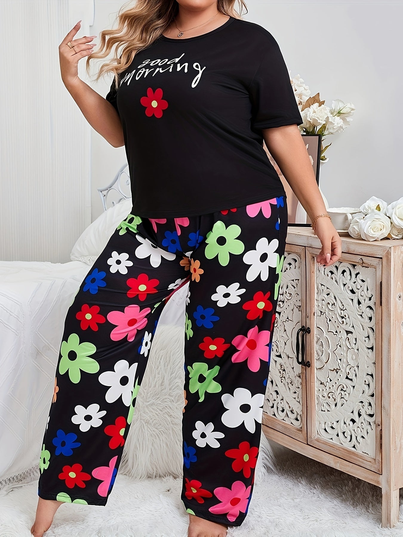Женский комплект пижамы больших размеров с цветочным принтом, топы с коротким рукавом и брюки для отдыха
