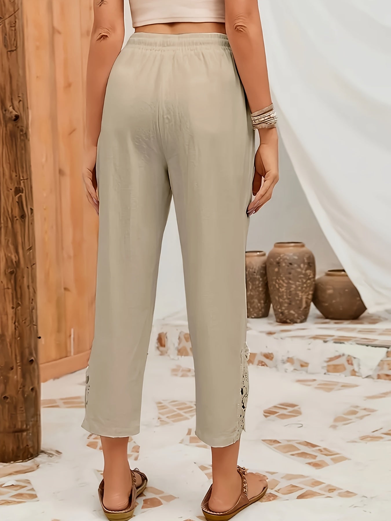 Pantalones casuales rectos para mujer con cintura de cordón y bolsillos