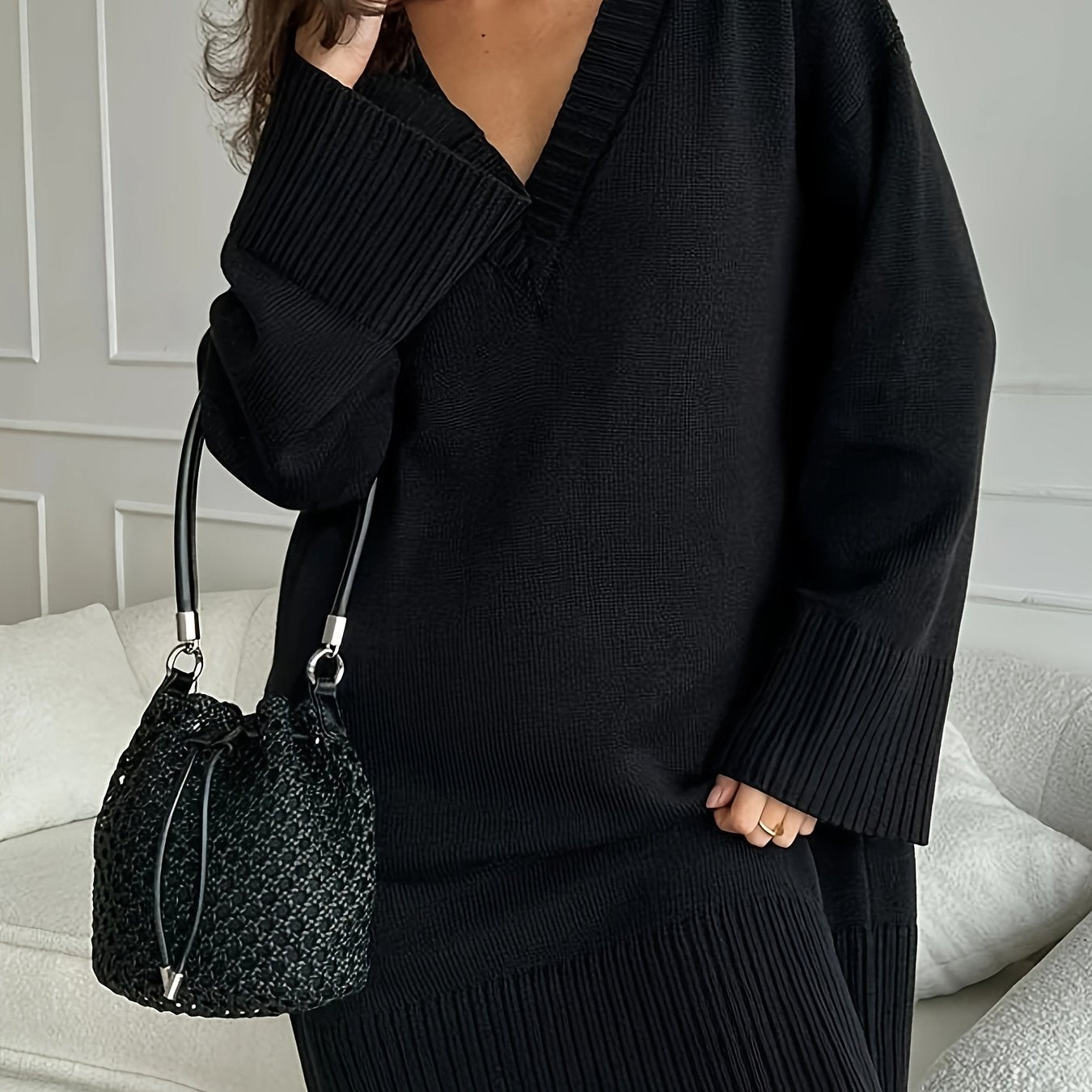 Women's V-Neck Long Sleeve Knitted Sweater Dress In Neutral Color