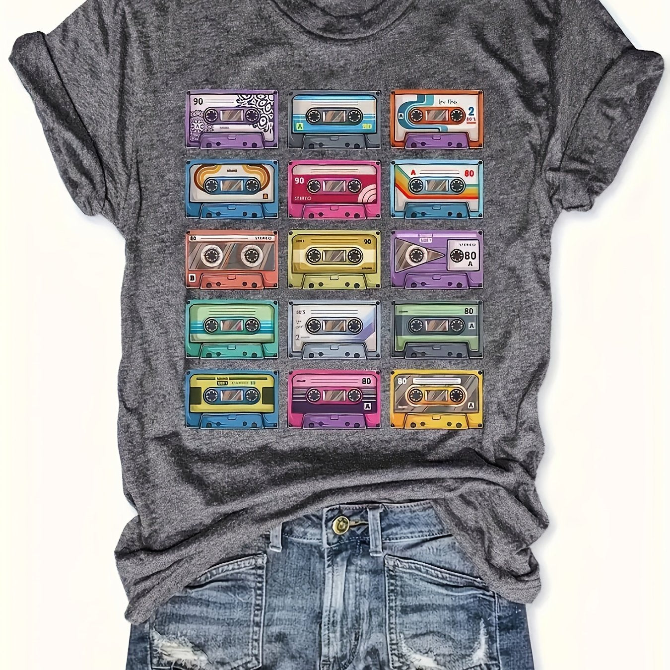 Women's Light Green Short Sleeve T-Shirt with Retro Cassette Graphic