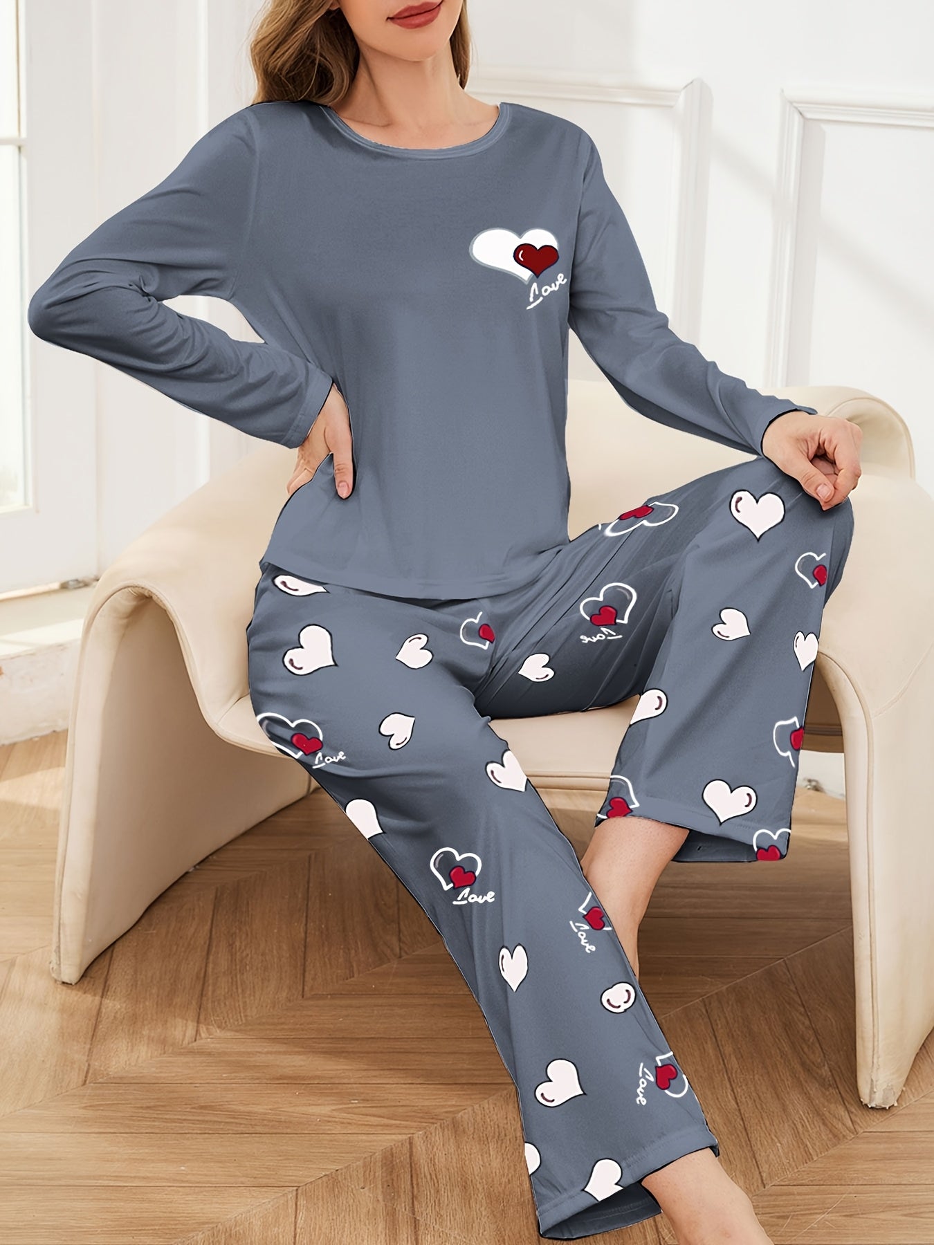 Women's Pajama Set Long Sleeve Heart Print Fall Winter Polyester Lounge Sleepwear