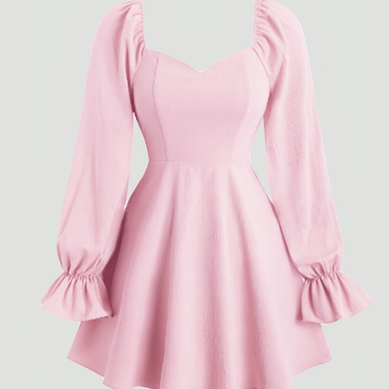 Pink Polyester A-Line Dress with Ruffled Long Sleeves and Sweetheart Neckline for Spring Summer Fall