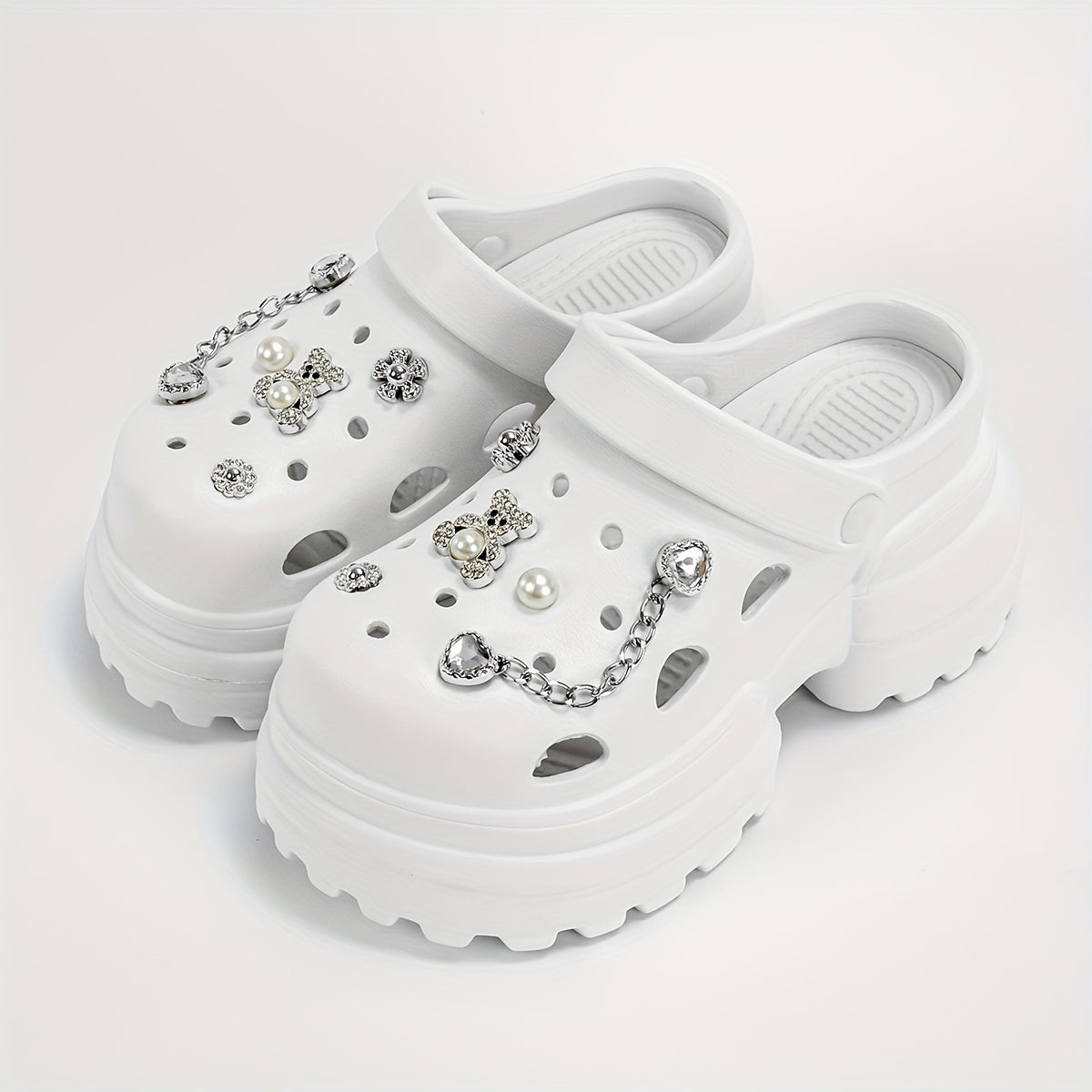 Women Silver Bear Chain High Heel Shoes 10cm Hole Style