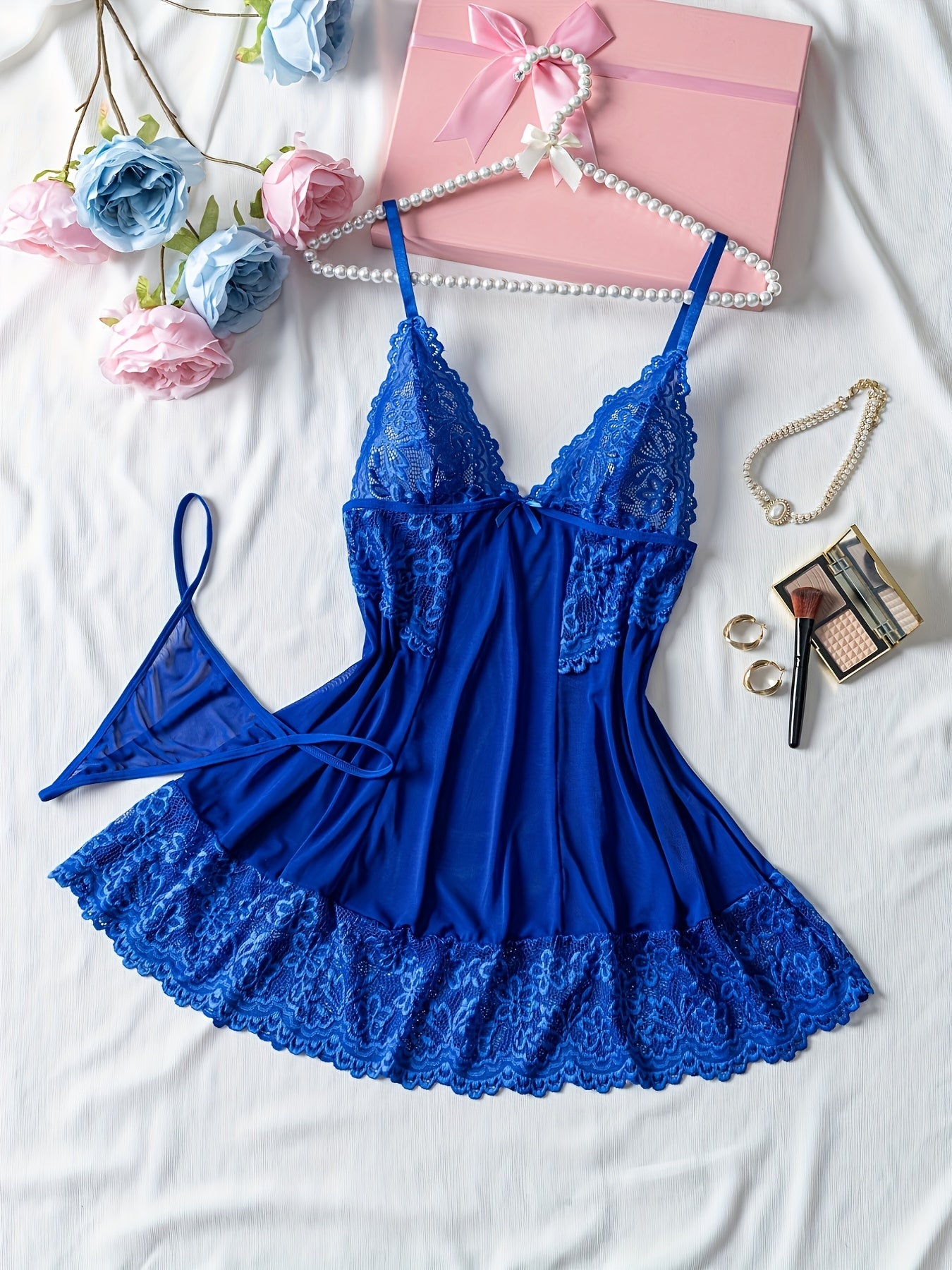 Women’s Blue Lace Sheer Nightgown Set Halter Backless Sleepwear Polyester Knit