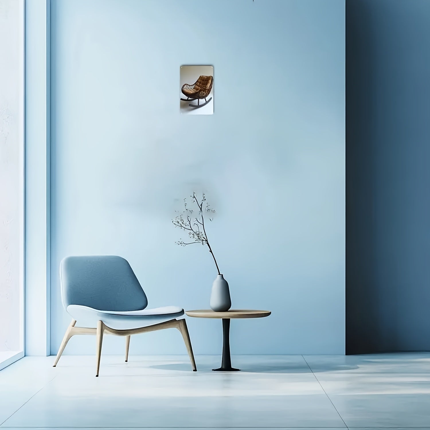 Metal and Rattan Wall Decor Rocking Chair Artwork with Upholstery and Wooden Legs