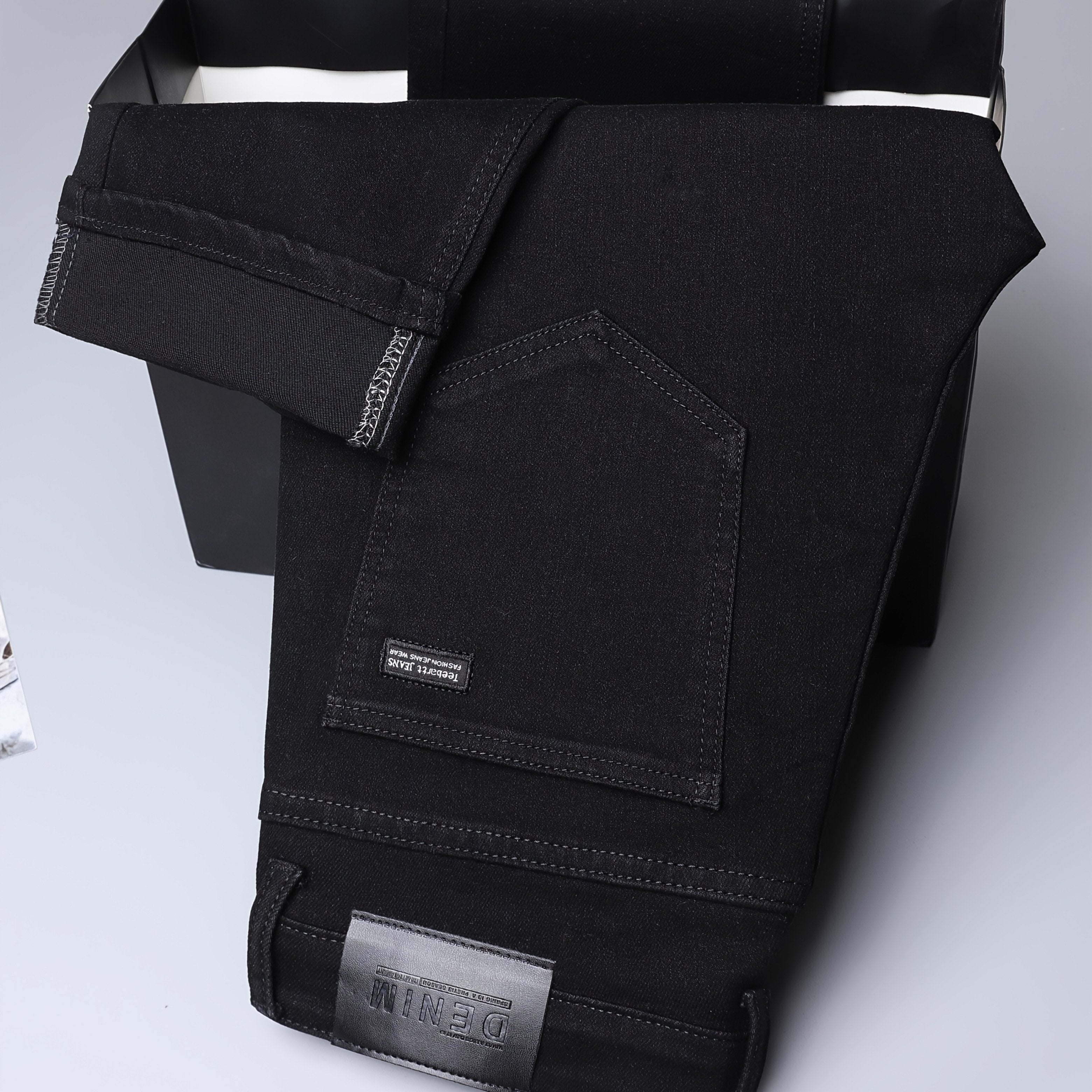 Jeans de mezclilla ajustados para hombre, de tela elástica, negros, de tiro medio, casuales, para todas las estaciones