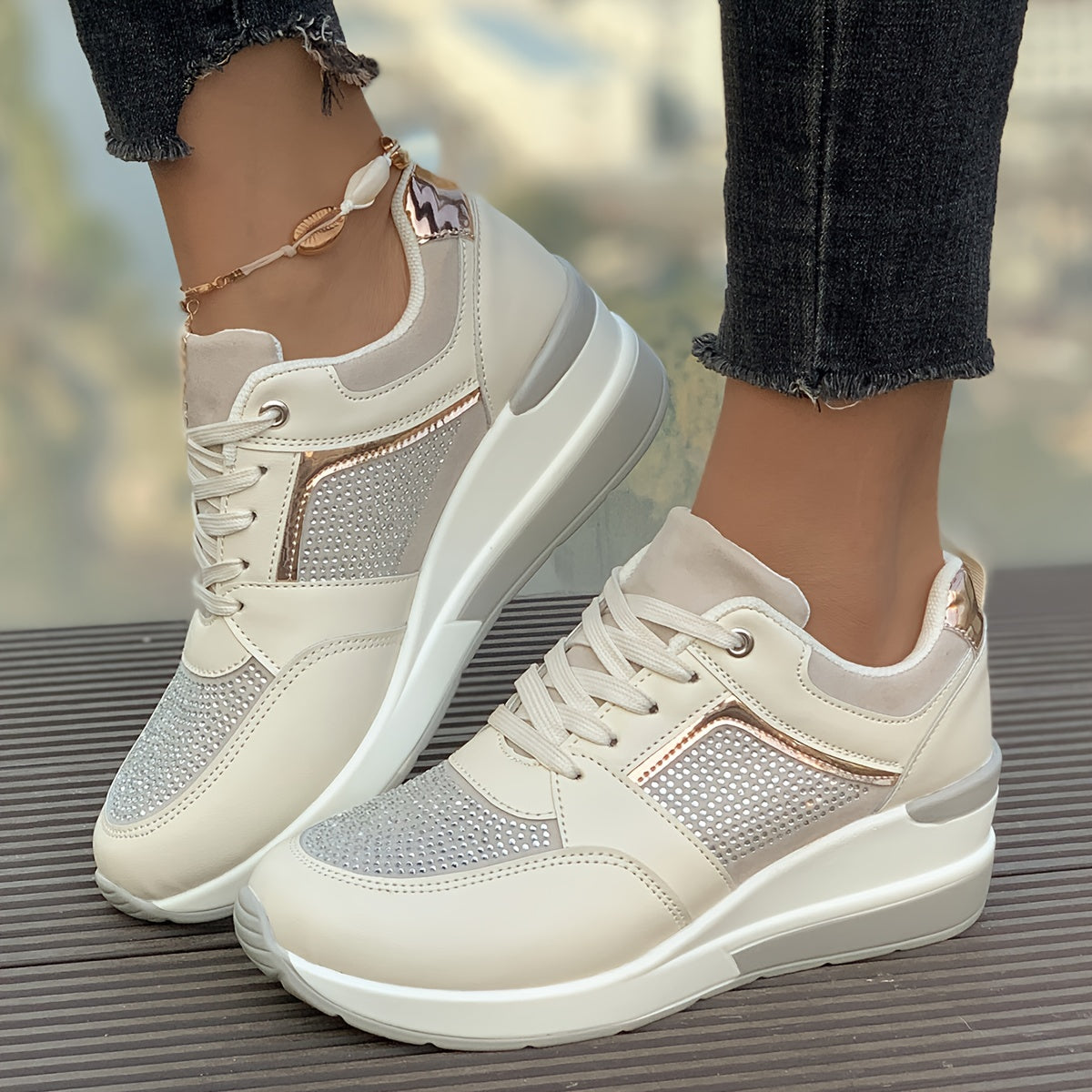 Women's Rhinestone Decor Athletic Shoes, Lace-Up Low Top Running Sneakers, Plus Size