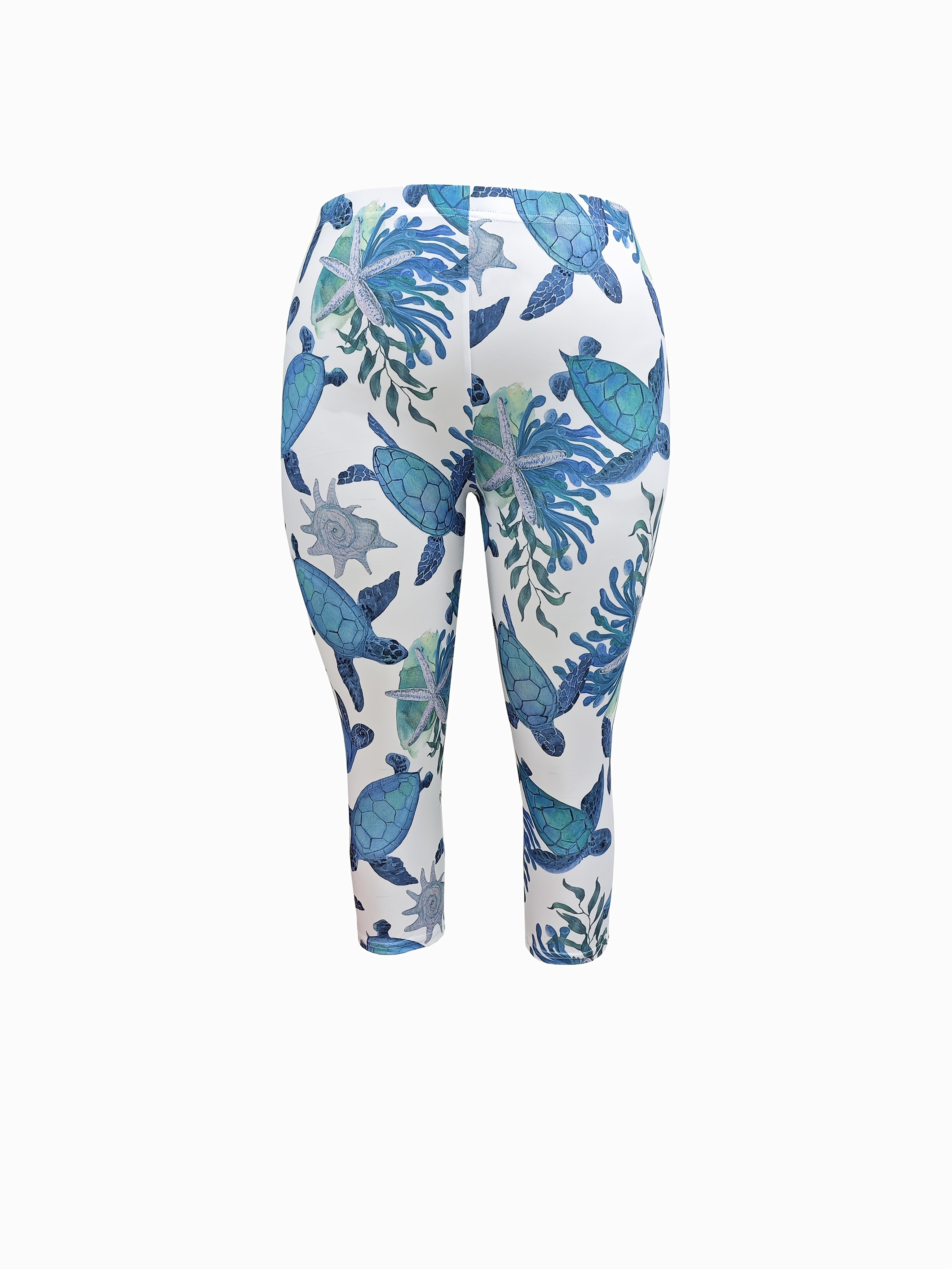 Plus Size Women's High-Waisted Yoga Pants Sea Turtle Print Stretchy Non-See-Through