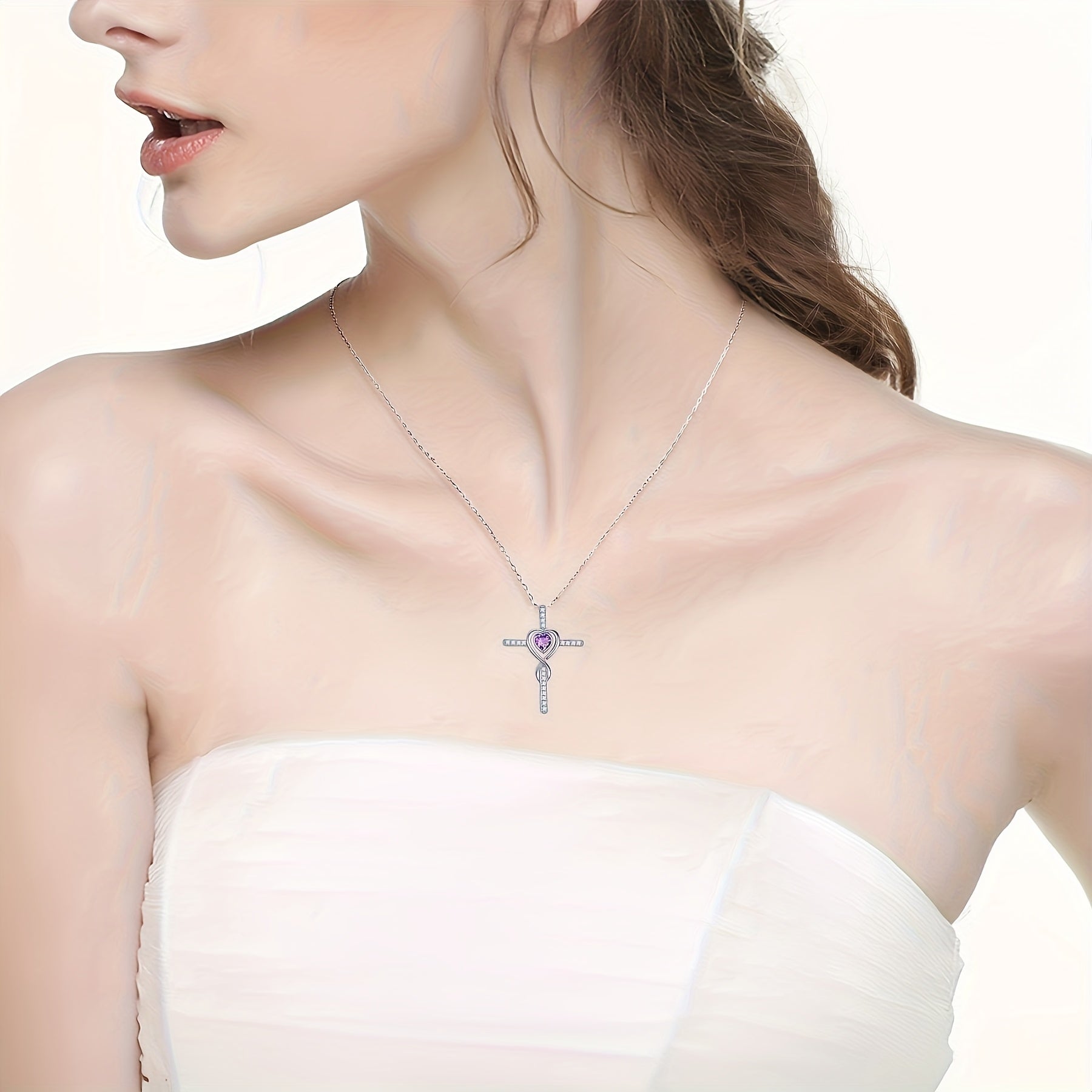 Heart-Shaped Cross Pendant Necklace Silver-Plated Copper Cubic Zirconia Gift for Women