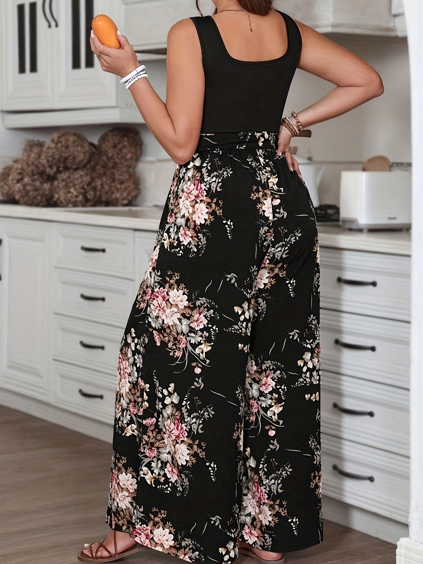 Women's Bohemian Sleeveless Jumpsuit with Floral Print and Black Contrast