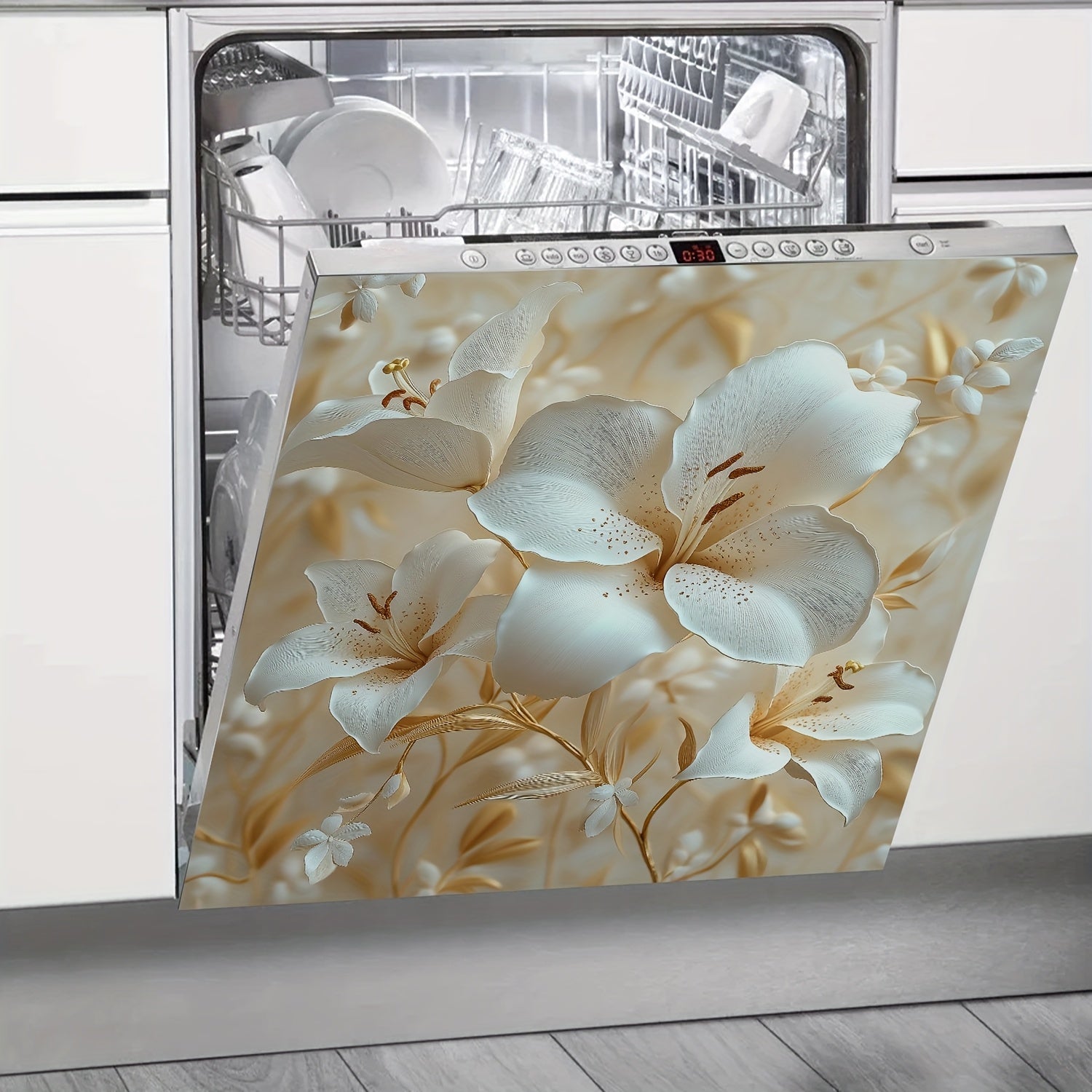 Бежевое цветочное виниловое магнитное покрытие для посудомоечной машины, многоразовое, прочное, для холодильника, стиральной машины, шкафа