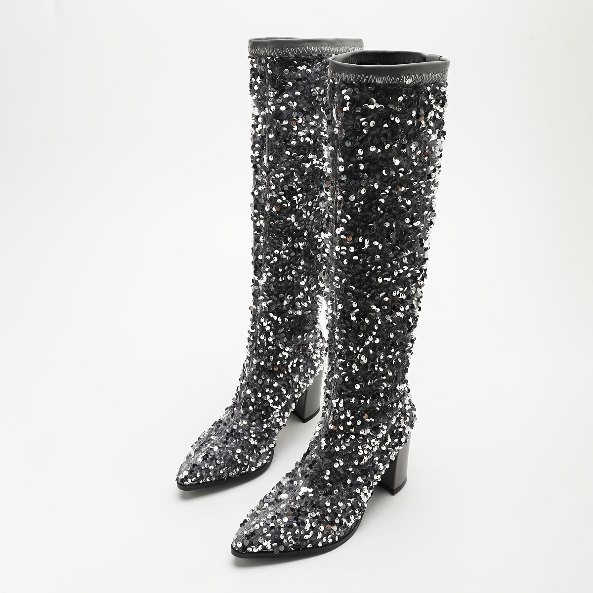 Women's Glitter Block Heel Ankle Boots Pointed Toe Fabric Upper All-Season