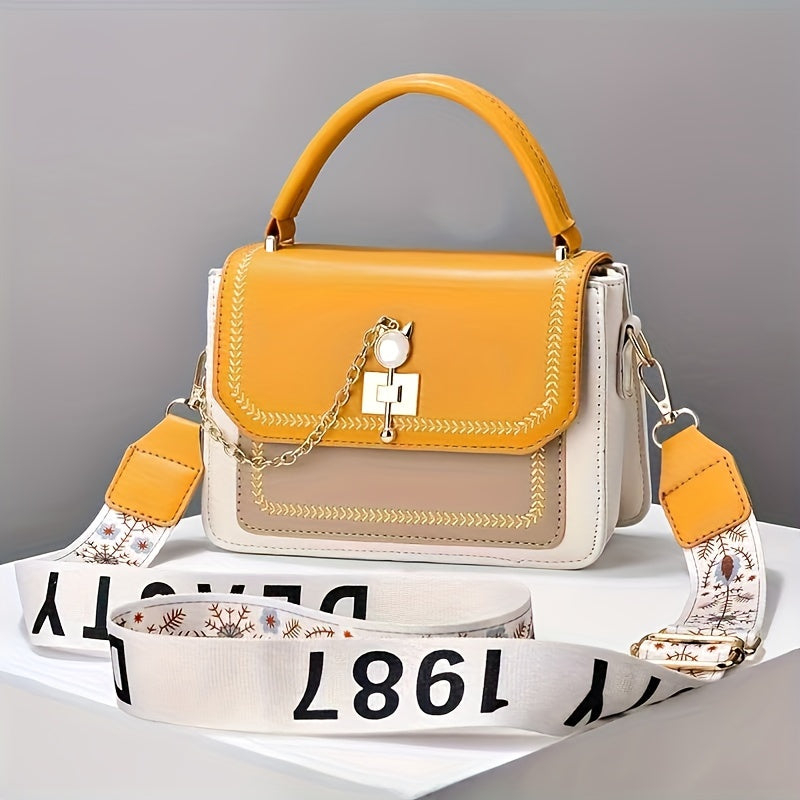 Стильная женская сумка двухцветного дизайна с регулируемым принтованным ремнем, изготовленная из ПУ-материала.