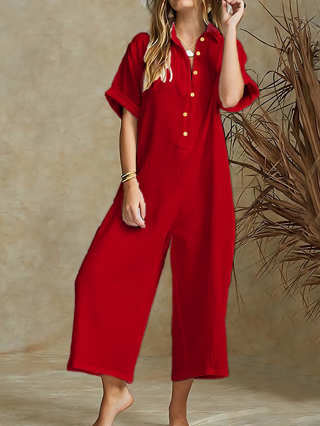 Women's Plus Size Green Jumpsuit with Roll-Up Sleeves and Wide-Leg Pants