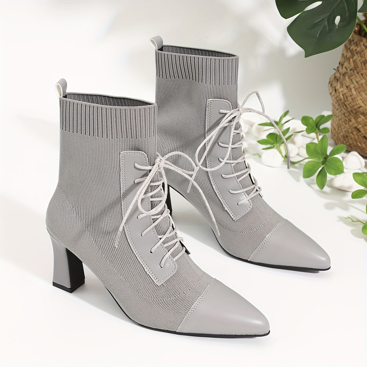 Women's Grey Ankle Boots with Pointed Toes and Chunky Heels