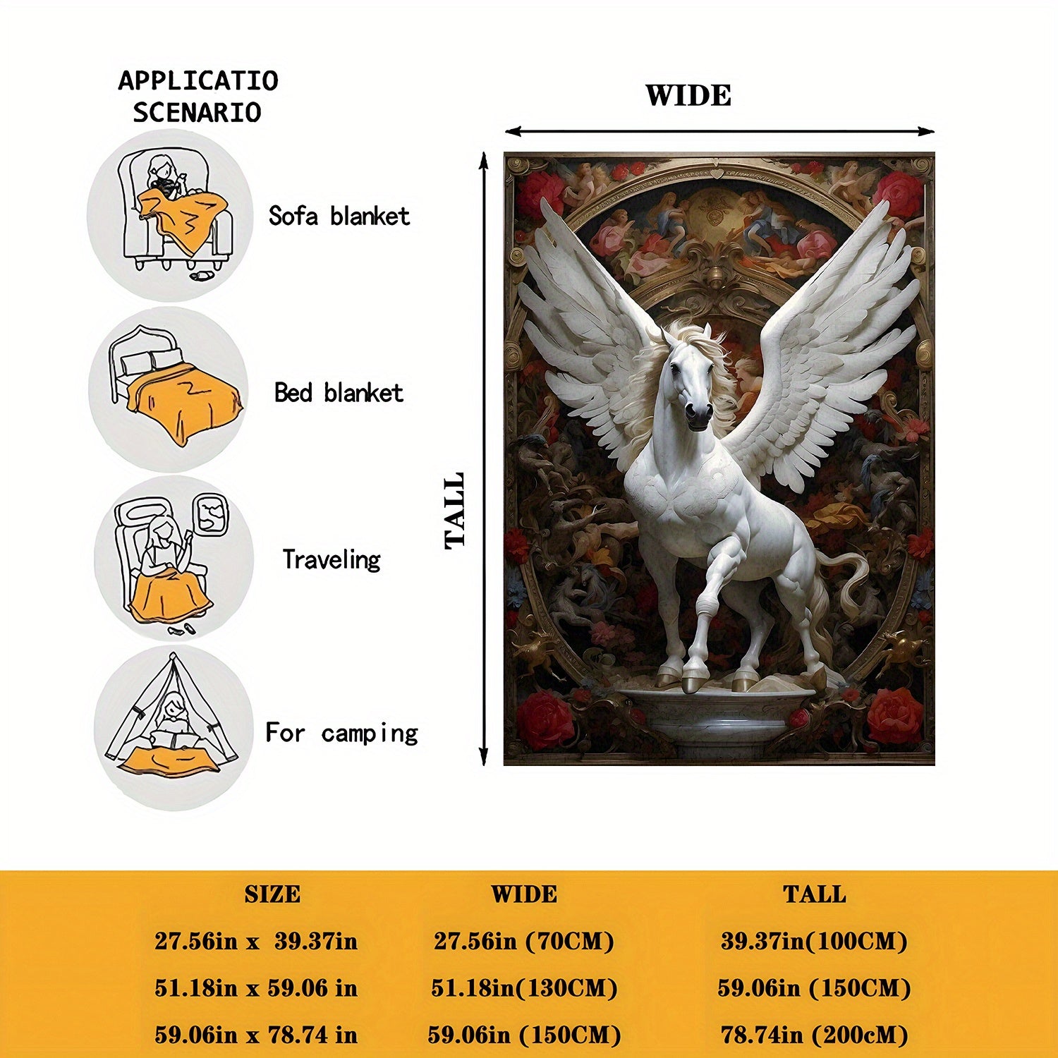 Soft Knitted Polyester Blanket with White Pegasus and Floral Angel Wings 70x100cm