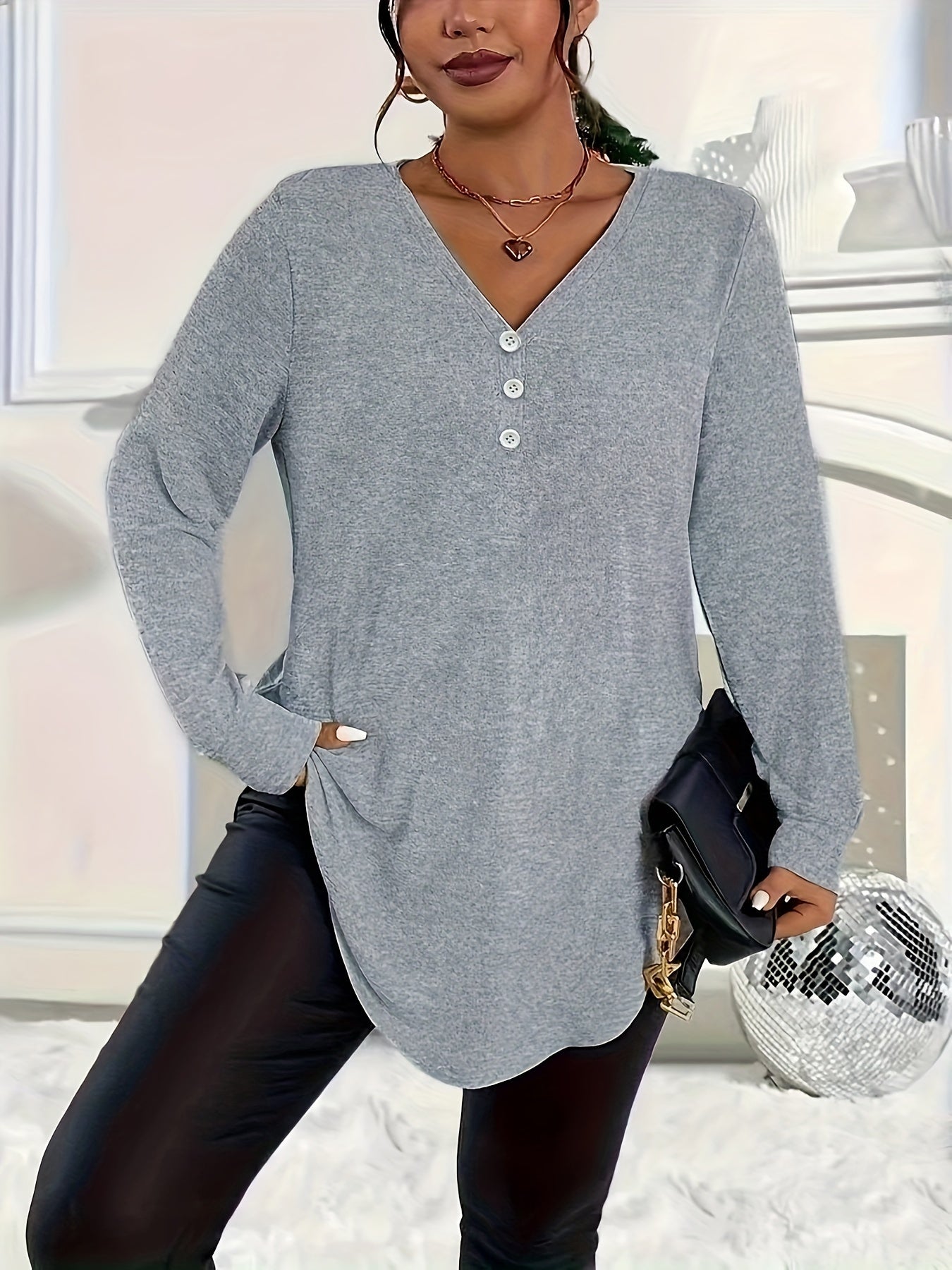 Plus Size Long Sleeve Solid Color Button-Up Dress Shirt For Women