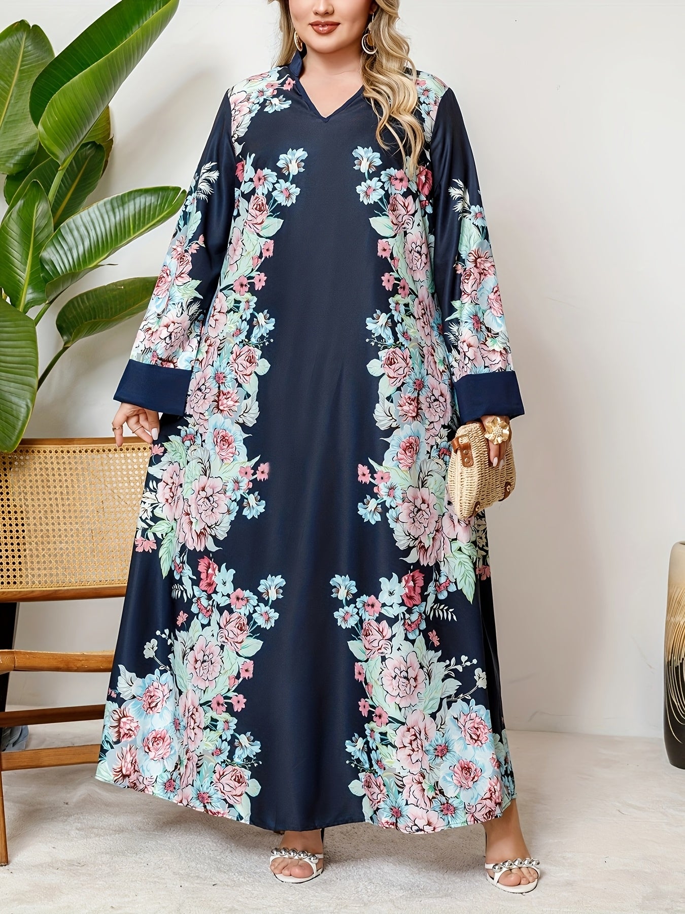 Plus Size Women's V-Neck Dress with Ethnic Print and Elegant Style