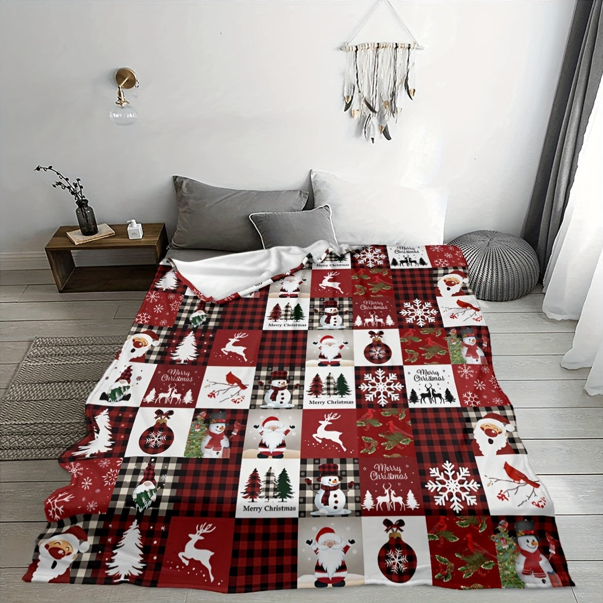 Reversible Christmas Reindeer Snowflake Throw Blanket Polyester Flannel for Sofa Bed Office