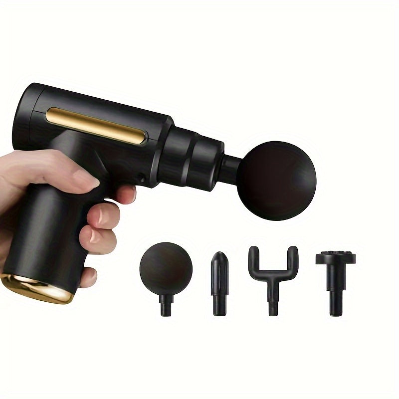 4 ta almashtiriladigan boshli portativ zaryadlanadigan massaj mashinasi, USB zaryadlash, ergonomik dizayn, chuqur to'qima, qora va oltin rang variantlarida mavjud, mini o'lcham.