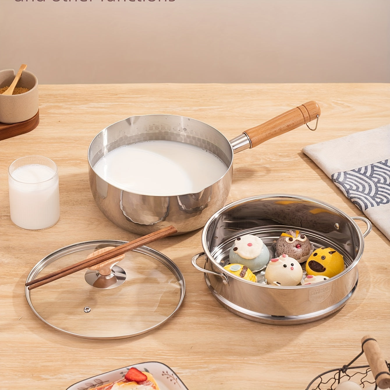 Small Stainless Steel Soup Pot 304 Brushed Finish Induction Compatible Wooden Handle