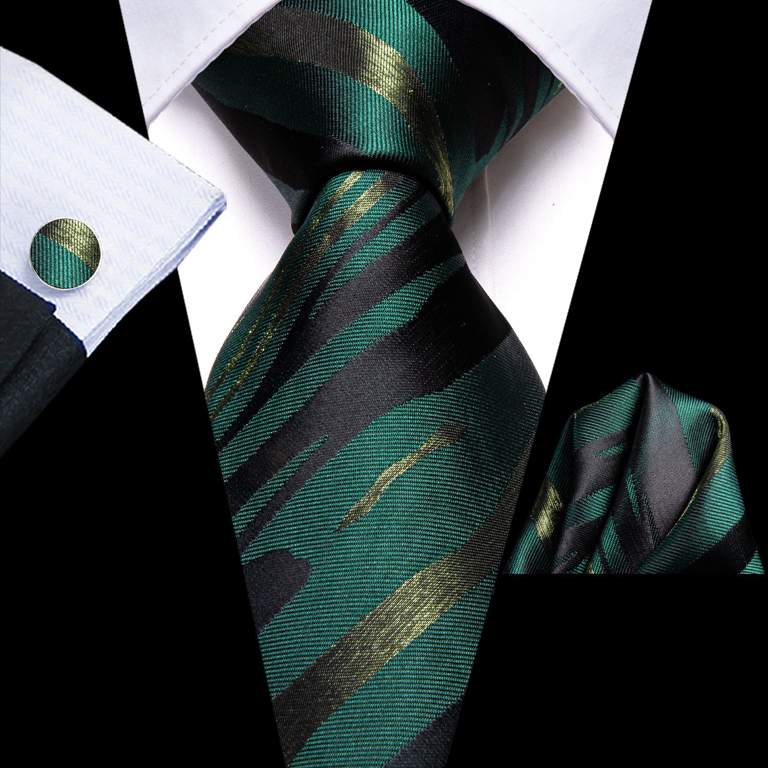 Erkaklar uchun yashil galstuk to'plami, manşetli bog'lamlar va cho'ntak sharf bilan, to'ylar va biznes uchun