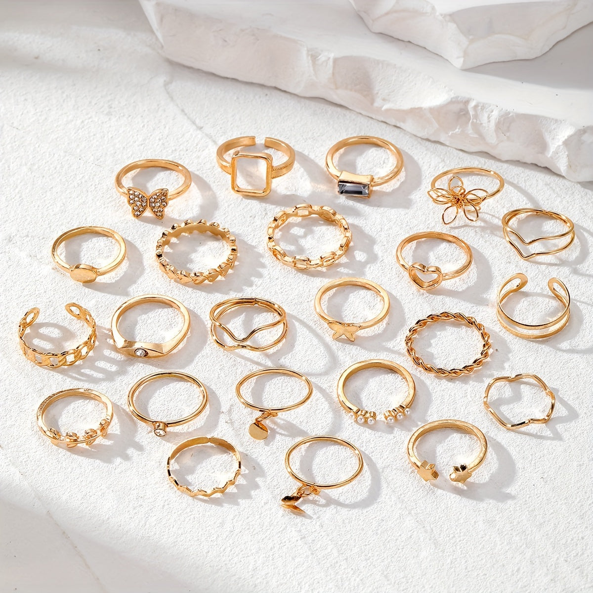 23-Piece Alloy Ring Set with Hollow Flowers and Butterflies Rhinestones for Casual Wear or Gift