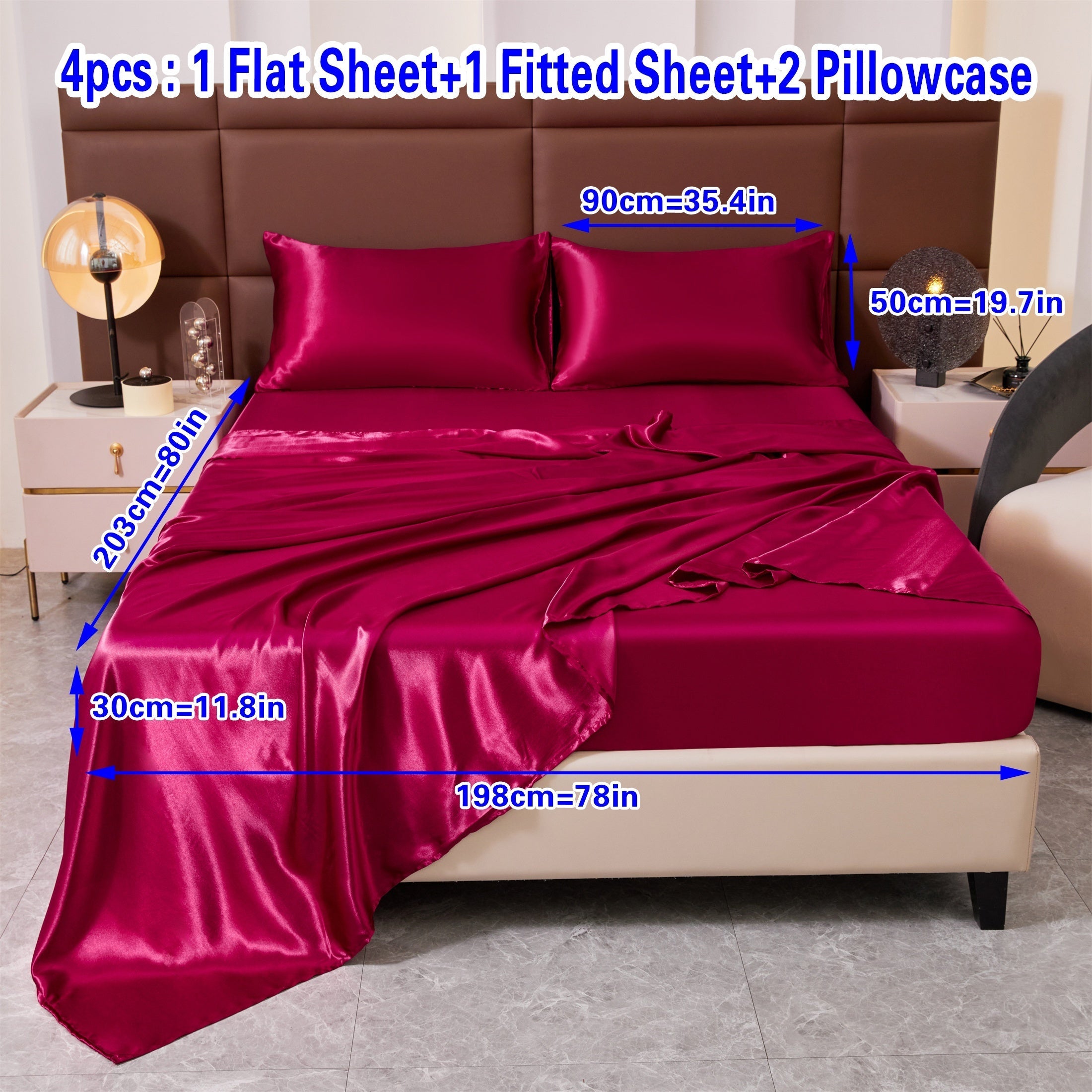 Set of Four Colored Bed Skirt, Sheet, and Pillowcase Bedding Set