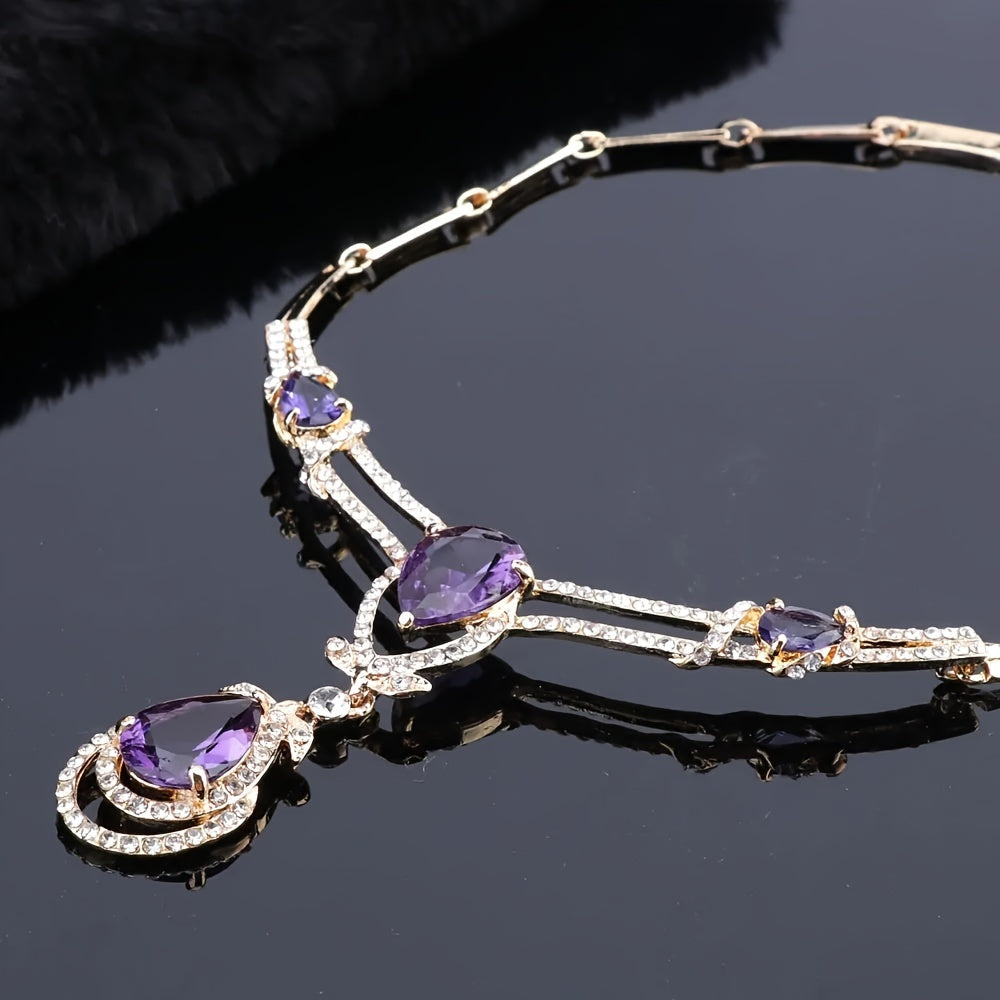 Women's Purple Gold Synthetic Zircon Jewelry Set Necklace Bracelet Earrings Ring for Parties Bridal
