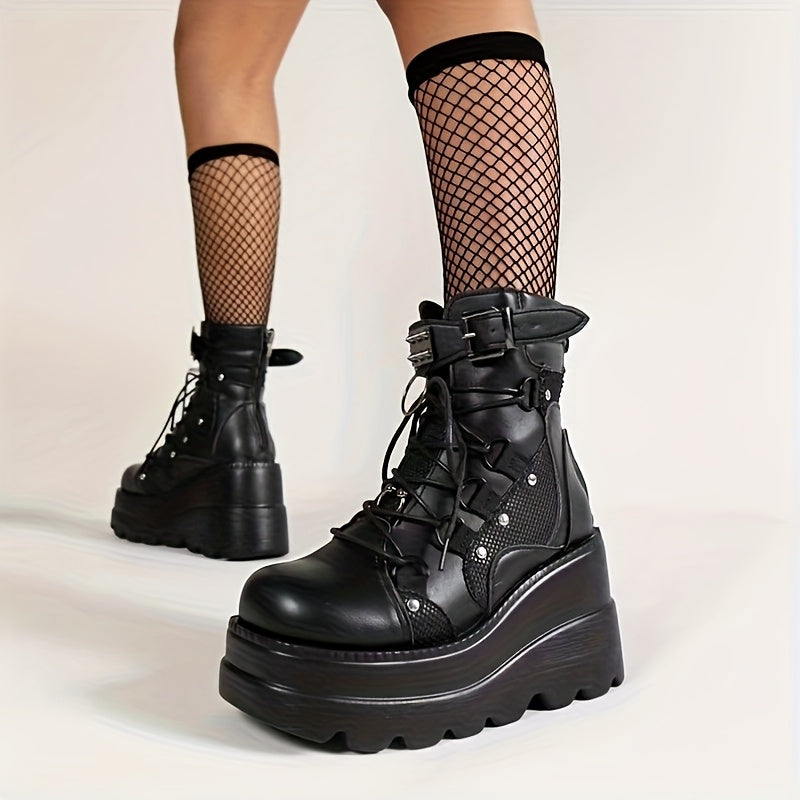 Women's Gothic Platform Boots Faux Leather Black Lace-Up Mid-Calf