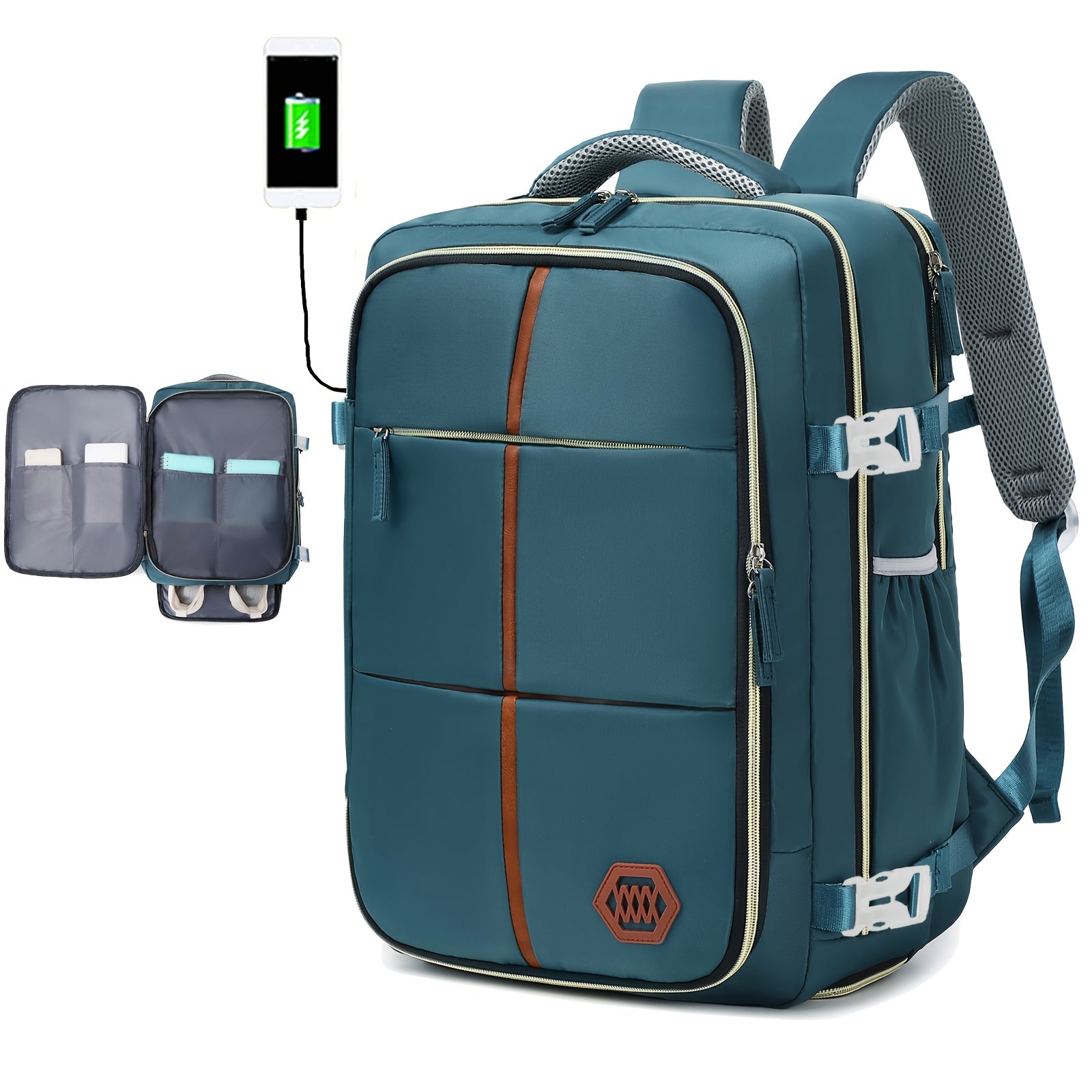 Oq va qora zamonaviy sayohat ruksak, poyabzal bo'limi, USB zaryadlash porti va ochiq havoda va maktabda foydalanish uchun chidamlilik.