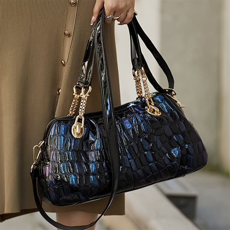 Leather Crocodile Pattern Messenger Bag for Women with Adjustable Strap and Zipper Closure